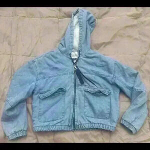 Denim Jean Hoodie Zip Cropped Jacket Sherpa Lined Blue Women's S Ashley Vintage